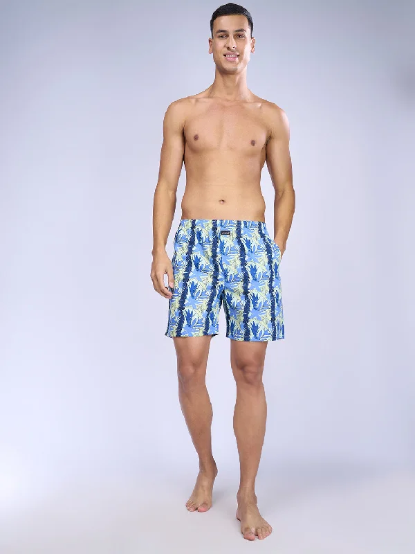 Mens Blue Leaf Woven Boxer Long