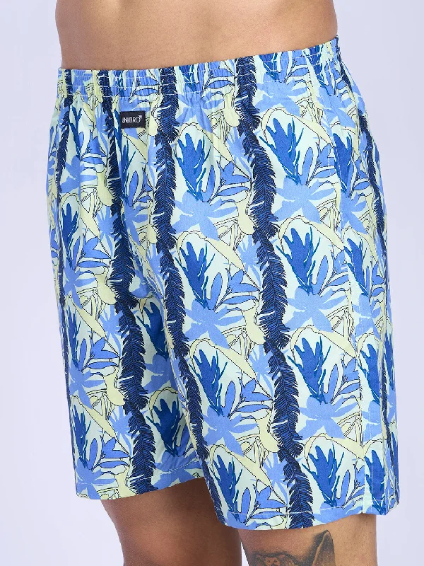 Mens Blue Leaf Woven Boxer Long