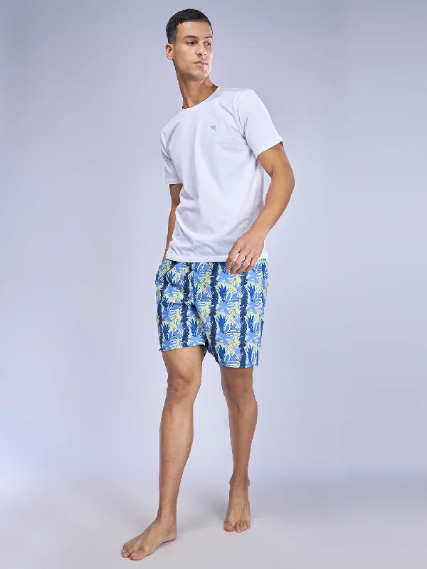 Mens Blue Leaf Woven Boxer Long