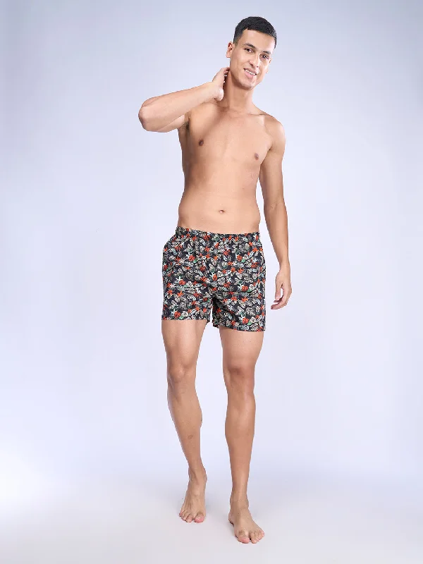 Mens Woven Inner Boxer Black Leaf Flower Print Shorts