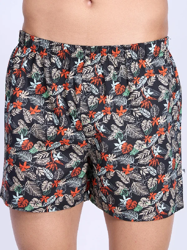 Mens Woven Inner Boxer Black Leaf Flower Print Shorts