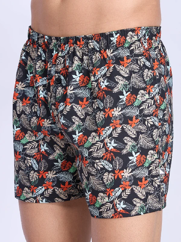 Mens Woven Inner Boxer Black Leaf Flower Print Shorts