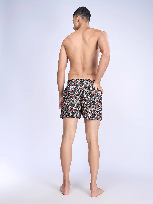 Mens Woven Inner Boxer Black Leaf Flower Print Shorts