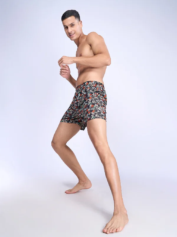 Mens Woven Inner Boxer Black Leaf Flower Print Shorts